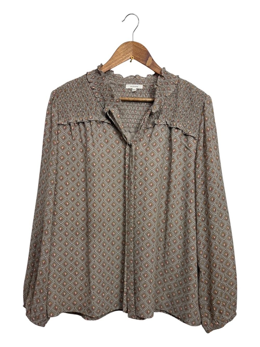 Pleione Geo Smocked Yoke Peasant Blouse Neutrals